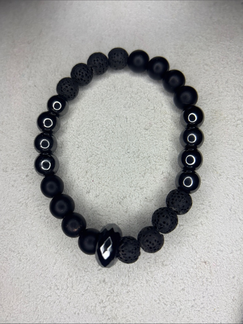 Black Obsidian Hematite and Lava Beaded Stretch Bracelet with Faceted Accent